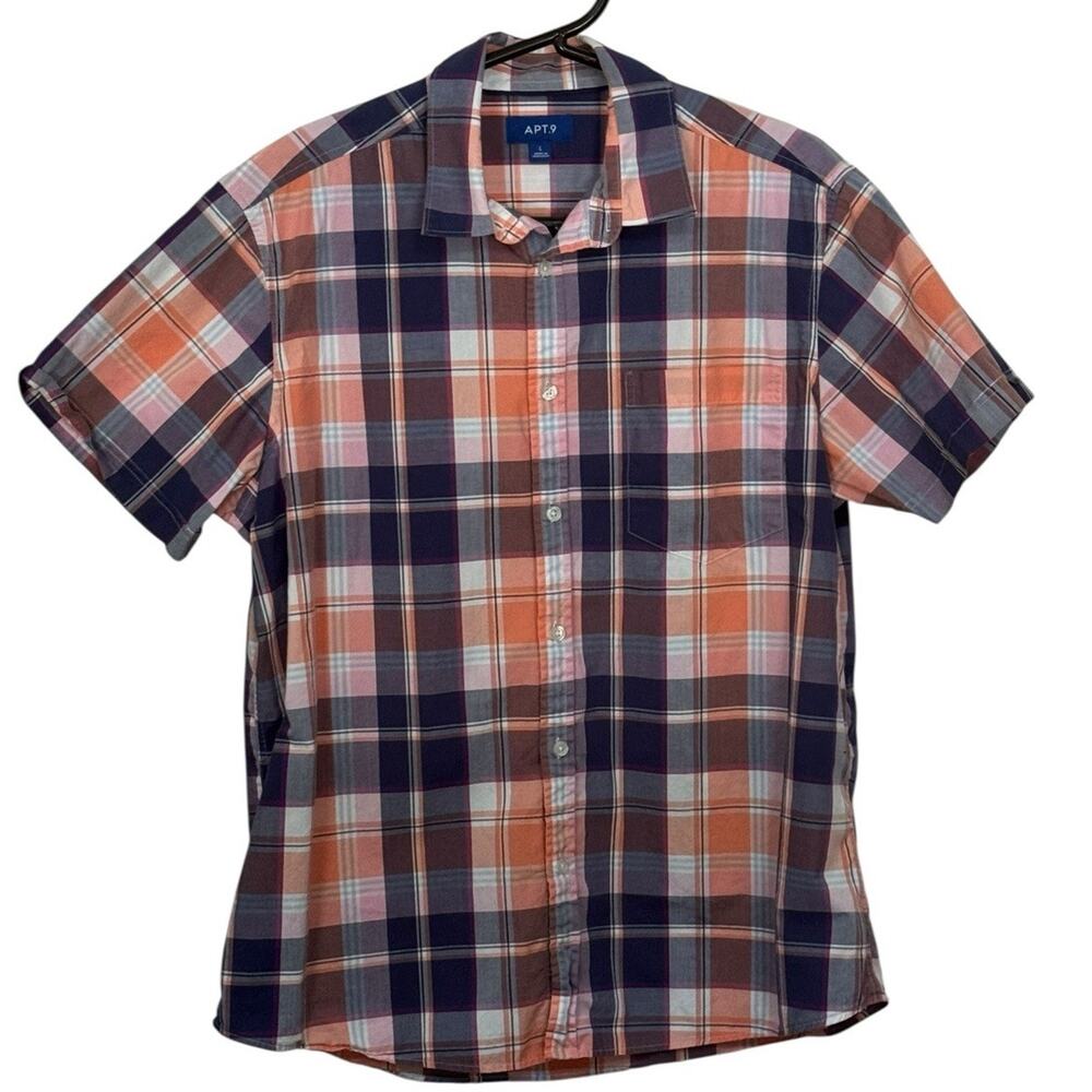 APT 9 Large Button Up Shirt Men's Short Sleeve Navy Blue Orange Coral Summer‎